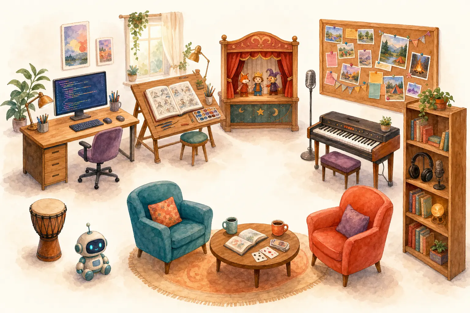 Watercolor illustration of Elad's studio: a computer desk, a drawing and comics desk, a theatre stage with an ornate arch and a red curtain with puppets on it, a cork board of camp photos, a microphone, an organ, a bookshelf with headphones, a robot, a djembe drum, and two armchairs and a table standing on a round rug.